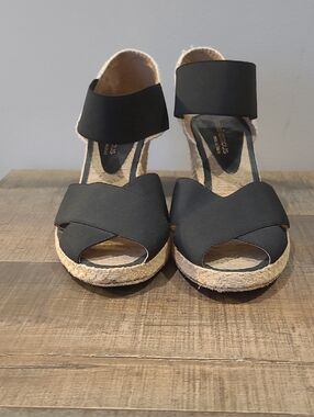 Made in Spain Andre Assous Black Espadrille Wedge Sandals, womens US 9/9.5